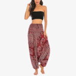 Buddha Stones Two Style Wear Elephant Pattern Loose Smocked Harem Trousers Jumpsuit Women's Yoga Pants Harem Pants&Bodysuit BS 5