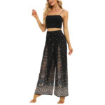 Buddha Stones Boho Peacock Feathers Lace-up Wide Leg Pants Women's Yoga Pants Women's Wide Leg Pants BS 7