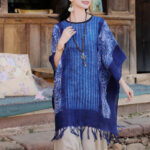 Buddha Stones Blue Geometric Stripes Batik Shawl Tassels Cozy Travel Pullover 90*95cm 7