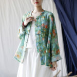 Buddha Stones Pink Flowers Green Leaves Print Frog-button Design Long Sleeve Ramie Linen Jacket Shirt Women's Shirts BS 37