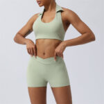 Buddha Stones 2Pcs Workout Sleeveless Backless Top Shorts Flared Pants Sports Fitness Yoga Outfit Set 2-Piece Outfit BS Green 2Pcs(Top&Shorts) XL