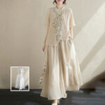 Buddha Stones 2Pcs Flower Embroidery Short Sleeve Tee T-shirt Wide Leg Pants Set 2-Piece Outfit BS 8
