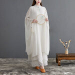 Buddha Stones 2Pcs Frog-Button Long Sleeve Midi Dress Wide Leg Pants Chiffon Zen Women's Set Women's Meditation Cloth BS 2XL(Fit for US12; UK/AU16; EU44)