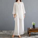 Buddha Stones 2Pcs Frog-Button Long Sleeve Shirt Wide Leg Pants Meditation Cotton Linen Clothing Women's Meditation Cloth BS 6