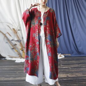 Buddha Stones Red Blue Flowers Print Cotton Three Quarter Sleeve Open Front Jacket Coat 1