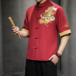 Buddha Stones Frog-Button Chinese Dragon Auspicious Cloud Embroidery Half Sleeve Shirt Cotton Linen Men Clothing Men's Shirts BS 16