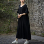Buddha Stones Solid Color V-Neck Half Sleeve Ramie Linen Midi Dress With Pockets Midi Dress BS 14