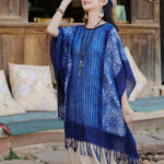 Buddha Stones Blue Geometric Stripes Batik Shawl Tassels Cozy Travel Pullover 90*95cm 6