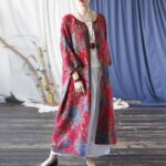 Buddha Stones Red Blue Flowers Print Cotton Three Quarter Sleeve Open Front Jacket Coat 2