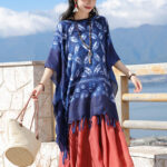 Buddha Stones Blue Flower Indigo Dyeing Shawl Tassels Cozy Pullover 90*95cm 6