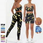 Buddha Stones 2Pcs Camo Print Backless Criss-Cross Strap Top Bra Shorts Leggings Pants Fitness Yoga Outfit Set 2-Piece Outfit BS 4