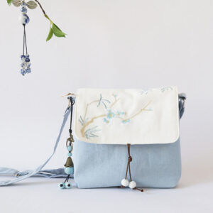 Buddha Stones Handmade Embroidered Plum Flowers Canvas Crossbody Bag Shoulder Bag Handbag Crossbody Bag BS Light Blue Plum Bamboo 17*19cm