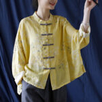 Buddha Stones Yellow Phoenix Print Frog-button Design Long Sleeve Ramie Linen Jacket Shirt Women's Shirts BS 15