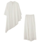 Buddha Stones 2Pcs Three Quarter Sleeve Irregular Design Shirt Wide Leg Pants Meditation Chiffon Women's Set Women's Meditation Cloth BS 6
