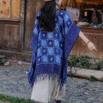 Buddha Stones Blue Color Block Plaid Shawl Tassels Soft Pullover 90*95cm 14