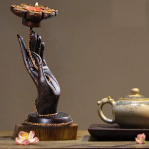 Buddha Stones Hand Pattern Wood Candlestick Home Candle Holder Decoration Candle Holder BS Left Hand(1Pc Candle)