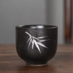 Buddha Stones Hand Painted Lotus Flower Bamboo Chrysanthemum Black Pottery Ceramic Teacup Kung Fu Tea Cup 95ml Cup BS Bamboo Leaves 6.3cm*5.7cm*95ml