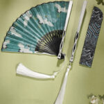 Buddha Stones Vintage Blue White Crane Pattern Handheld Silk Bamboo Folding Fan Folding Fan BS 2