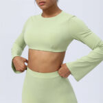 Buddha Stones Long Sleeve Backless Strap Top Bra Flare Pants Fitness Yoga Outfit 2-Piece Outfit BS Green Top US8/10/XL