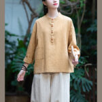 Buddha Stones Solid Color Loose Button Blouse Long Sleeve Shirt Top Long Sleeve Shirt BS 39