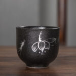 Buddha Stones Hand Painted Lotus Flower Bamboo Chrysanthemum Black Pottery Ceramic Teacup Kung Fu Tea Cup 95ml Cup BS Lotus Flower 6.3cm*5.7cm*95ml