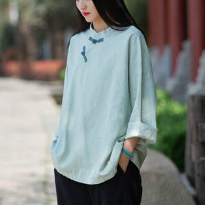 Buddha Stones Ramie Linen Loose Blouse Women Long Sleeve Shirt Chinese Hanfu Top Long Sleeve Shirt BS Green(Bust 132cm)(Top Only)