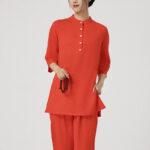 Buddha Stones 2Pcs Solid Color Three Quarter Shirt Top Pants Meditation Zen Tai Chi Cotton Linen Clothing Women's Set Women's Meditation Cloth BS Red(Top&Pants) 2XL(Bust 112cm/Waist 70-104cm/Pants Length 101cm)