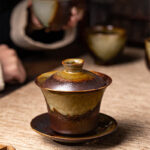 Buddha Stones Vintage Brown Kiln Change Design Porcelain Ceramic Gaiwan Sancai Teacup Kung Fu Tea Cup And Saucer With Lid Cup BS 1