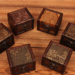Buddha Stones Retro Small Square Wood Jewelry Box Lotus Grass Flower Grape Copper Coin Daffodil Jewelry Storage Box Jewelry Box BS 22