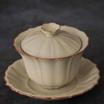 Buddha Stones Beige Plum Blossom Shape Peach Branch Ceramic Gaiwan Sancai Teacup Kung Fu Tea Cup With Lid Cup BS 9
