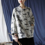 Buddha Stones Black Gray Print Frog-button Design Long Sleeve Cotton Linen Jacket Shirt With Pockets Women's Shirts BS 4