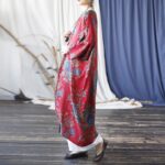 Buddha Stones Red Blue Flowers Print Cotton Three Quarter Sleeve Open Front Jacket Coat 5