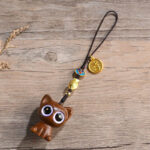 Buddha Stones Green Sandalwood Lucky Cat Koi Fish Cure Key Chain Phone Hanging Decoration Key Chain BS Green Sandalwood Cat Phone Hanging Decoration