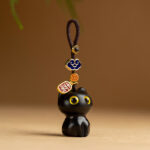 Buddha Stones Small Leaf Red Sandalwood Ebony Wood Lucky Cat Protection Key Chain Phone Hanging Decoration Key Chain BS Ebony Cat Key Chain