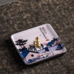 Buddha Stones Mountain Lake Flower Leaf Healing Ceramic Plate Tray Stick Incense Burner Decoration Incense Burner BS House Tree 10.2*10.2*1.2cm