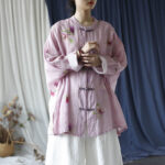 Buddha Stones Pink Flower Print Frog-button Design Batwing Long Sleeve Ramie Linen Jacket Shirt Women's Shirts BS 34