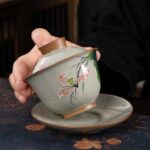 Buddha Stones Lotus Koi Fish Pod Leaf Ceramic Gaiwan Sancai Teacup Kung Fu Tea Cup And Saucer With Lid 140ml Cup BS 5