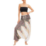 Buddha Stones Two Style Wear Peacock Feather Loose Smocked Harem Trousers Jumpsuit High Waist Pants Harem Pants BS 1