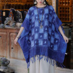 Buddha Stones Blue Color Block Plaid Shawl Tassels Soft Pullover 90*95cm 2