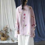 Buddha Stones Pink Flower Print Frog-button Design Batwing Long Sleeve Ramie Linen Jacket Shirt Women's Shirts BS 19