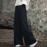 Buddha Stones Retro Wide Leg Pants Casual Women's Yoga Pants With Pockets Wide Leg Pants BS Black(Waist 62-100cm/Hips 118cm/Length 98cm)