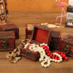 Buddha Stones Retro Small Square Wood Jewelry Box Lotus Grass Flower Grape Copper Coin Daffodil Jewelry Storage Box Jewelry Box BS 2