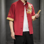 Buddha Stones Frog-Button Chinese Dragon Auspicious Cloud Embroidery Half Sleeve Shirt Cotton Linen Men Clothing Men's Shirts BS 15