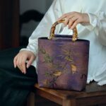 Buddha Stones Purple Magpie Birds Branches Bamboo Handles Handbag Handbags BS 16