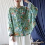 Buddha Stones Pink Flowers Green Leaves Print Frog-button Design Long Sleeve Ramie Linen Jacket Shirt Women's Shirts BS 42