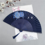 Buddha Stones Crane Dragonfly Lotus Peony Plum Blossom Butterfly Handheld Silk Bamboo Folding Fan 22.5cm 6