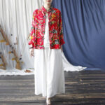 Buddha Stones Ethnic Red Flower Peony Frog-Button Cotton Linen Long Sleeve Shirt Jacket With Pockets 20