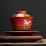 Buddha Stones Red Auspicious Crane Ceramic Gaiwan Sancai Teacup Kung Fu Tea Cup And Saucer With Lid Cup BS 3