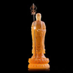Buddha Stones Handmade Ksitigarbha Bodhisattva Figurine Liuli Crystal Art Piece Serenity Statue Home Decoration Decorations BS Amber Color&Gold 7.8*7.8*20cm