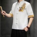 Buddha Stones Frog-Button Chinese Dragon Auspicious Cloud Embroidery Half Sleeve Shirt Cotton Linen Men Clothing Men's Shirts BS 24